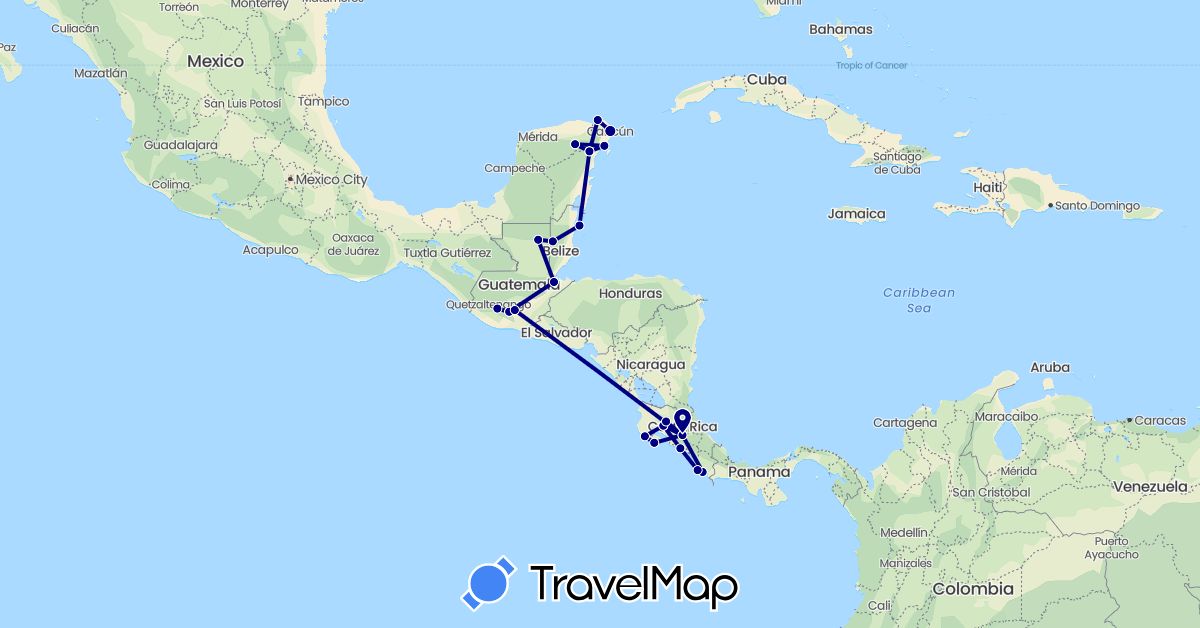 TravelMap itinerary: driving in Belize, Costa Rica, Guatemala, Mexico (North America)